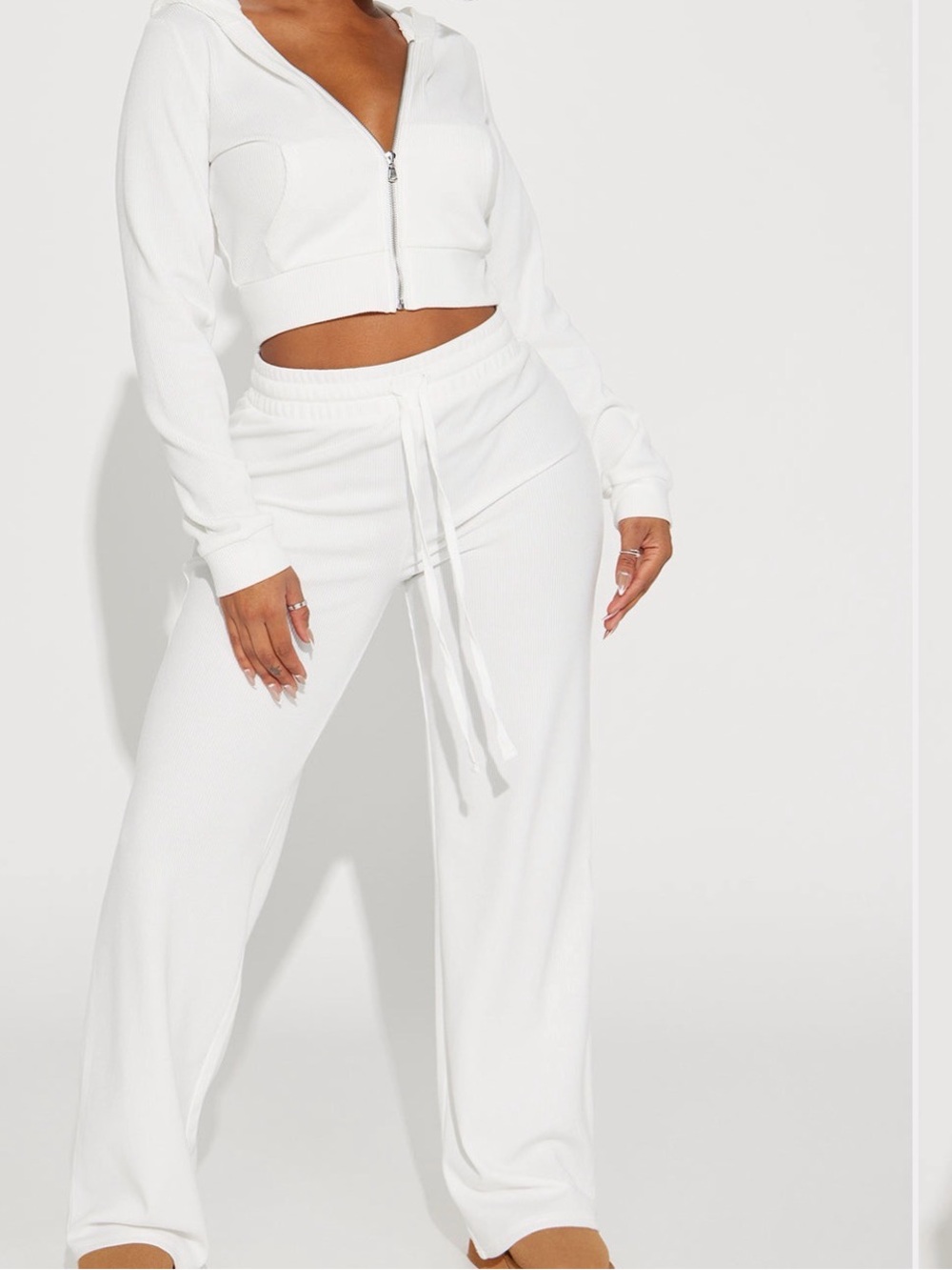 Cozy Ribbed Zip Hoodie and Jogger Set - White